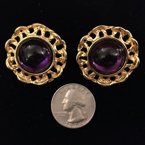 Pierced Earrings Vintage Retro Purple Convex Gold - Picture 5 of 9